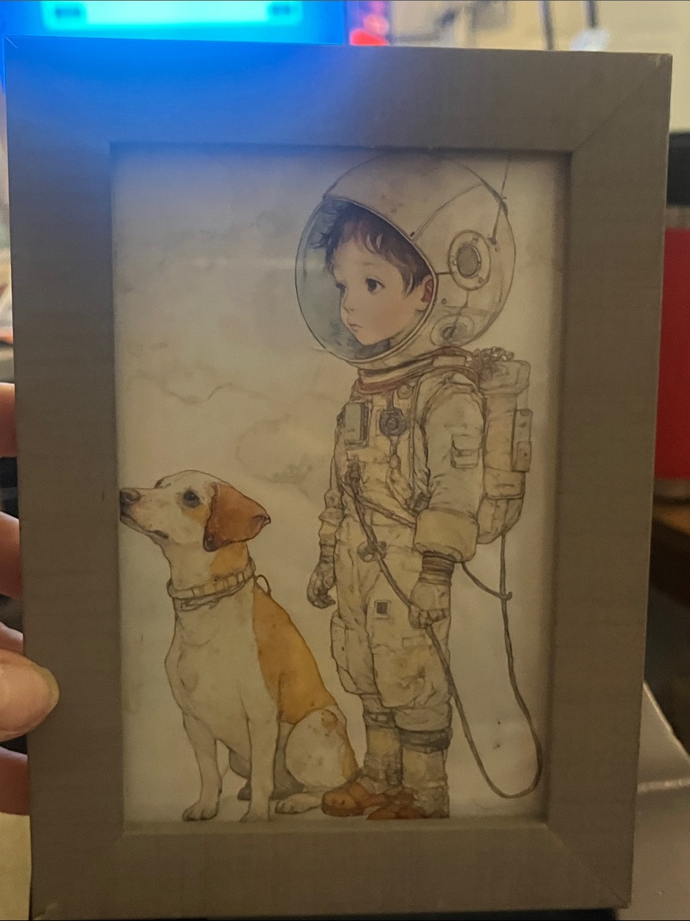 Framed Boy Astronaut & Dog Illustration - Gray Frame, Cream & Tan Artwork 148